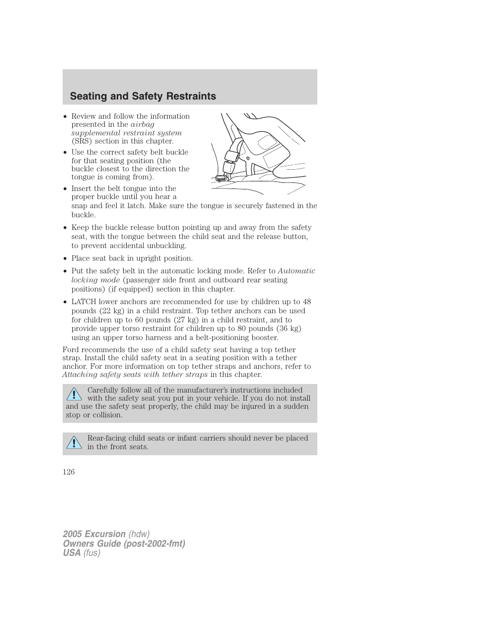 Seating and safety restraints | FORD 2005 Excursion v.3 User Manual | Page 126 / 280