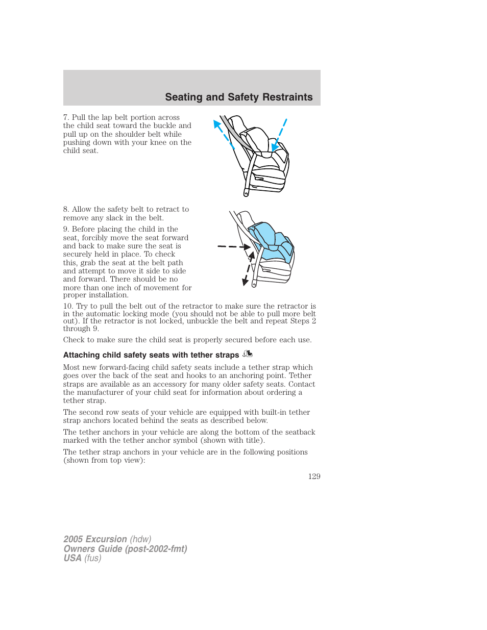 Attaching child safety seats with tether straps, Seating and safety restraints | FORD 2005 Excursion v.3 User Manual | Page 129 / 280