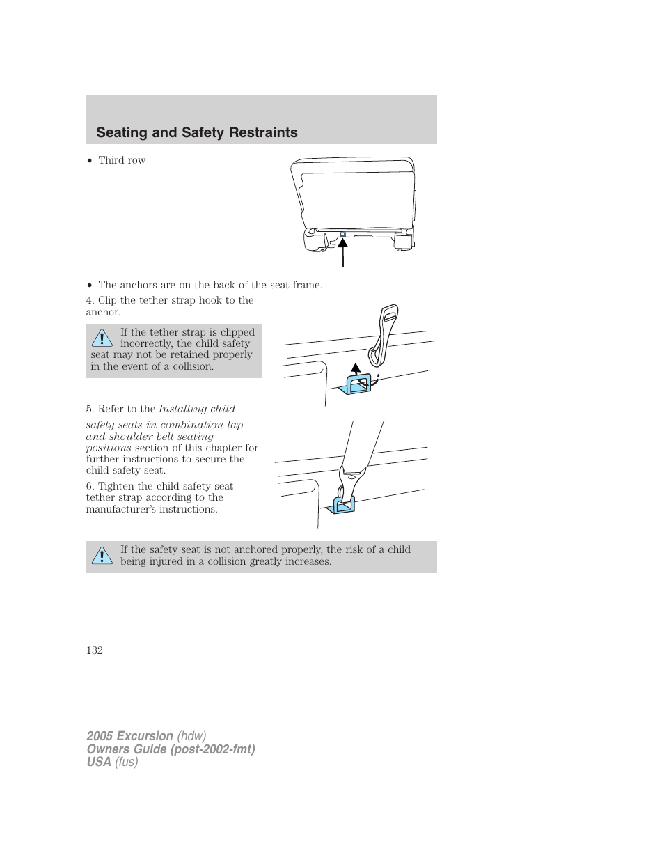 Seating and safety restraints | FORD 2005 Excursion v.3 User Manual | Page 132 / 280