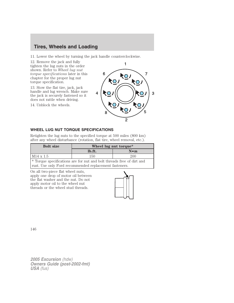 Wheel lug nut torque specifications, Lug nut torque, Tires, wheels and loading | FORD 2005 Excursion v.3 User Manual | Page 146 / 280