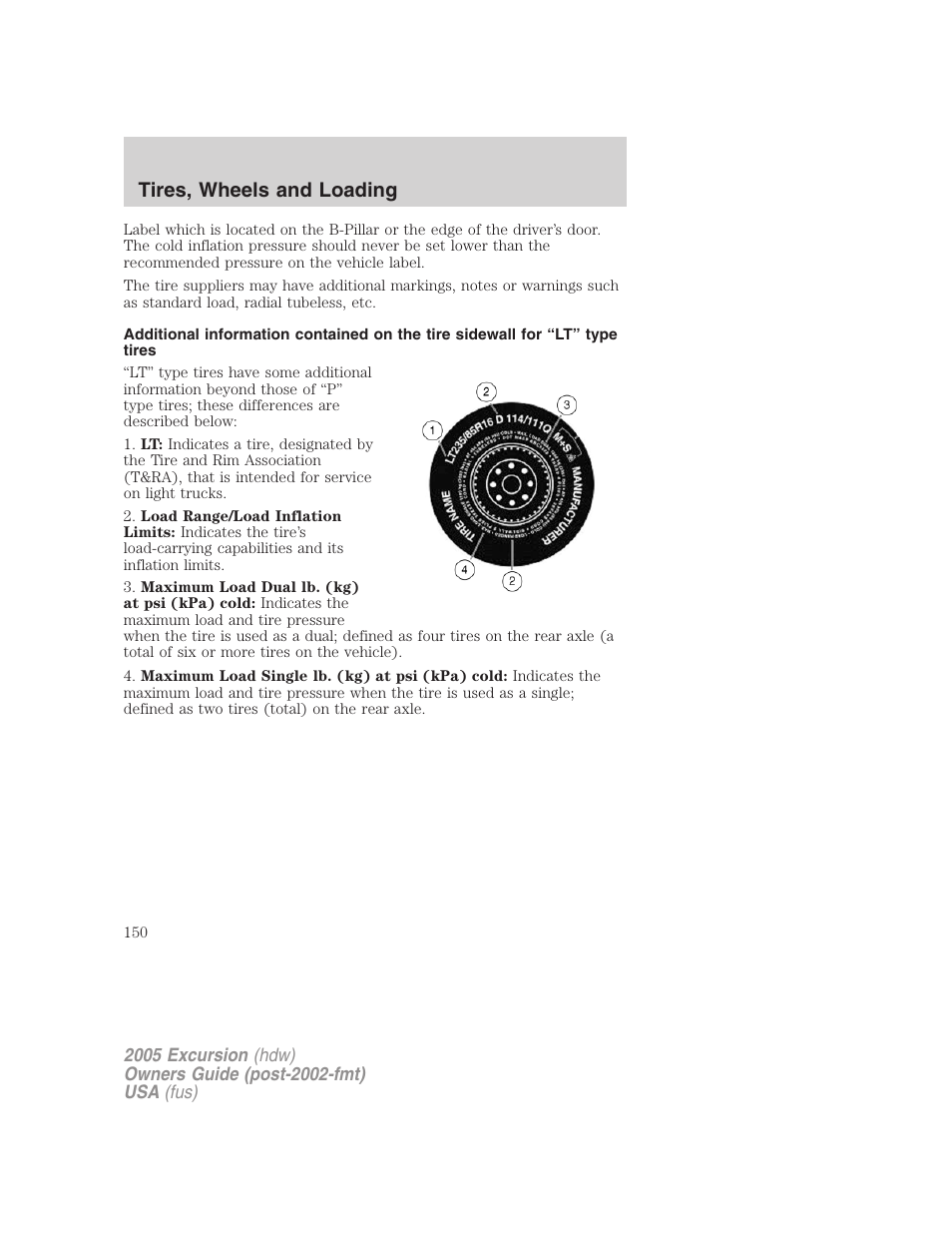 Tires, wheels and loading | FORD 2005 Excursion v.3 User Manual | Page 150 / 280