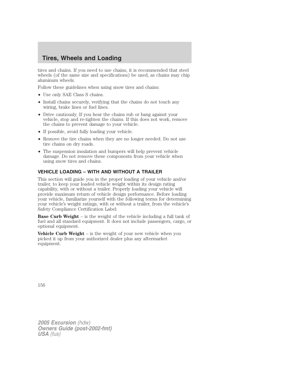 Vehicle loading – with and without a trailer, Vehicle loading, Tires, wheels and loading | FORD 2005 Excursion v.3 User Manual | Page 156 / 280