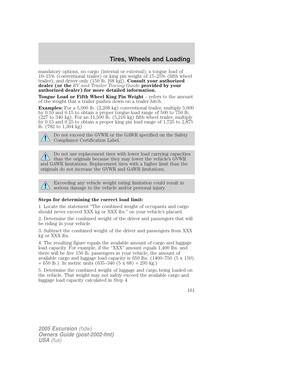 Tires, wheels and loading | FORD 2005 Excursion v.3 User Manual | Page 161 / 280