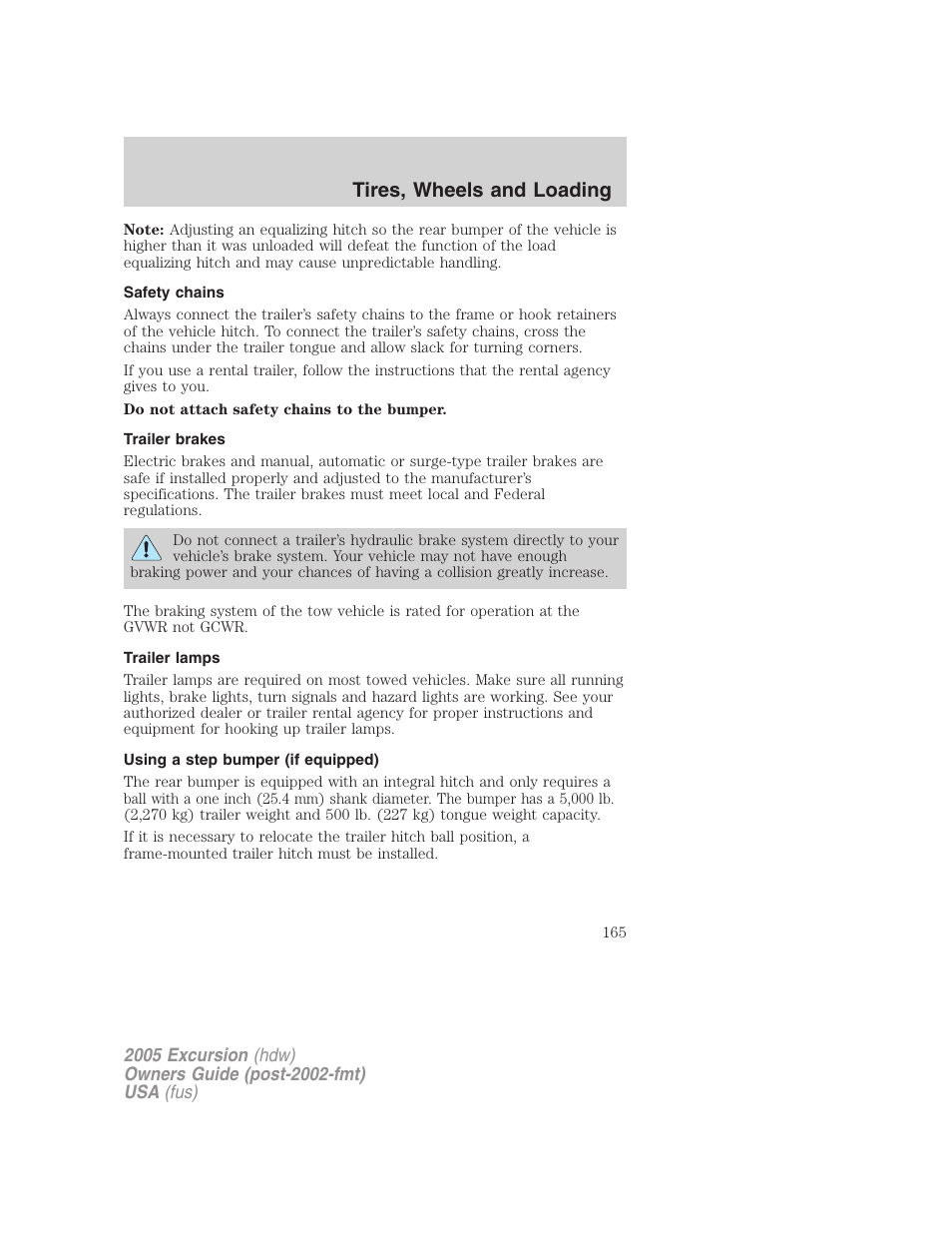 Safety chains, Trailer brakes, Trailer lamps | Using a step bumper (if equipped), Tires, wheels and loading | FORD 2005 Excursion v.3 User Manual | Page 165 / 280
