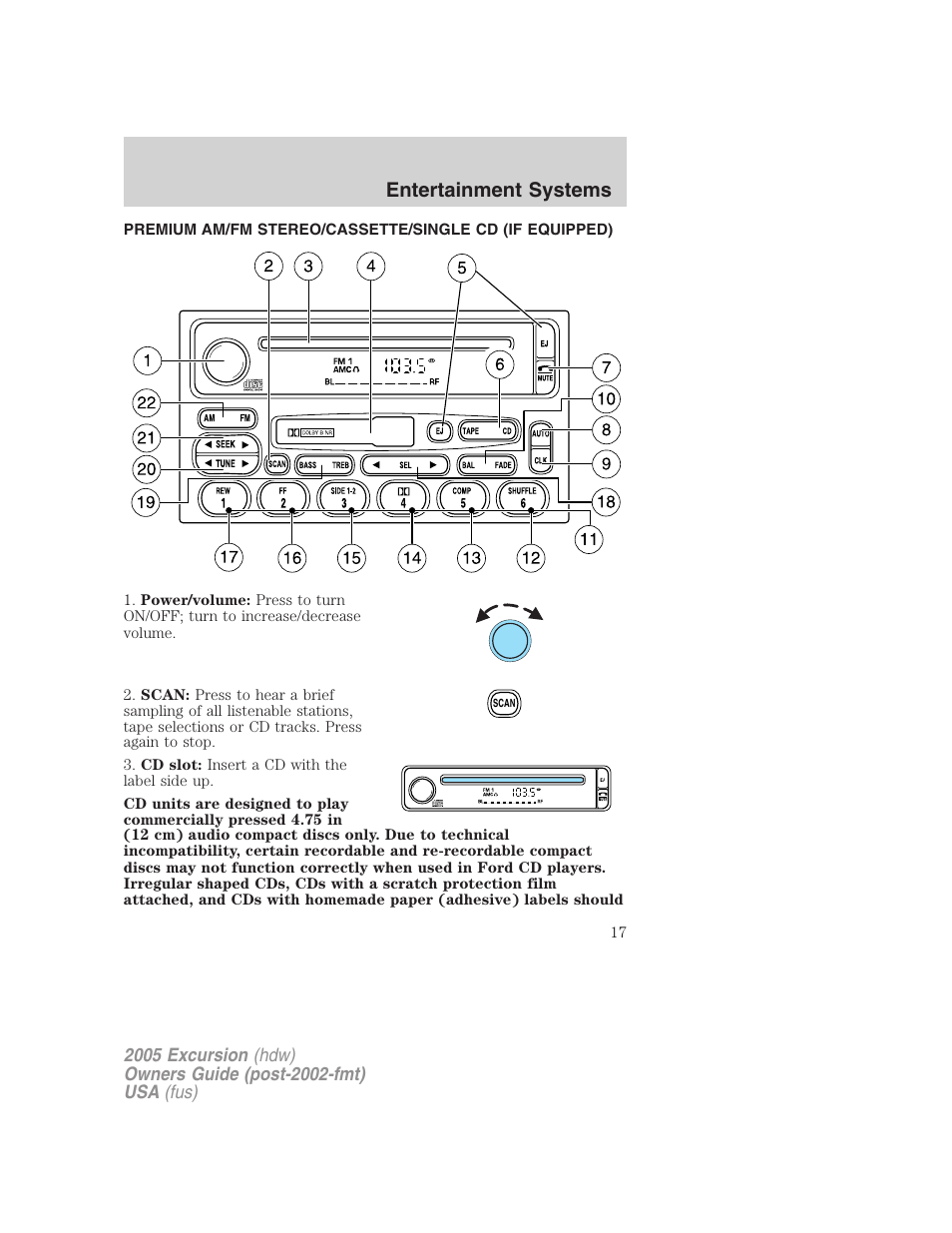 Entertainment systems, Am/fm stereo cassette with cd | FORD 2005 Excursion v.3 User Manual | Page 17 / 280