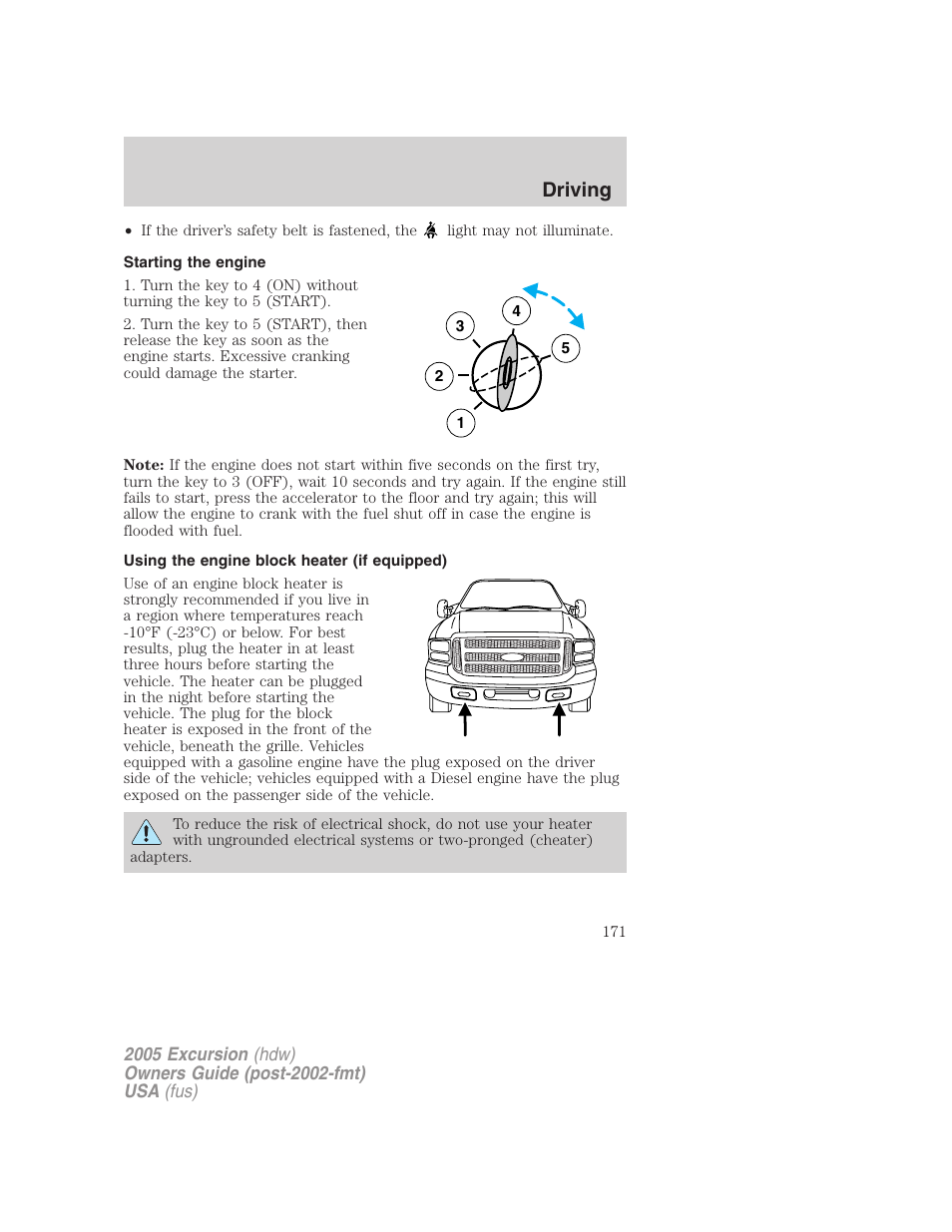 Starting the engine, Using the engine block heater (if equipped), Driving | FORD 2005 Excursion v.3 User Manual | Page 171 / 280