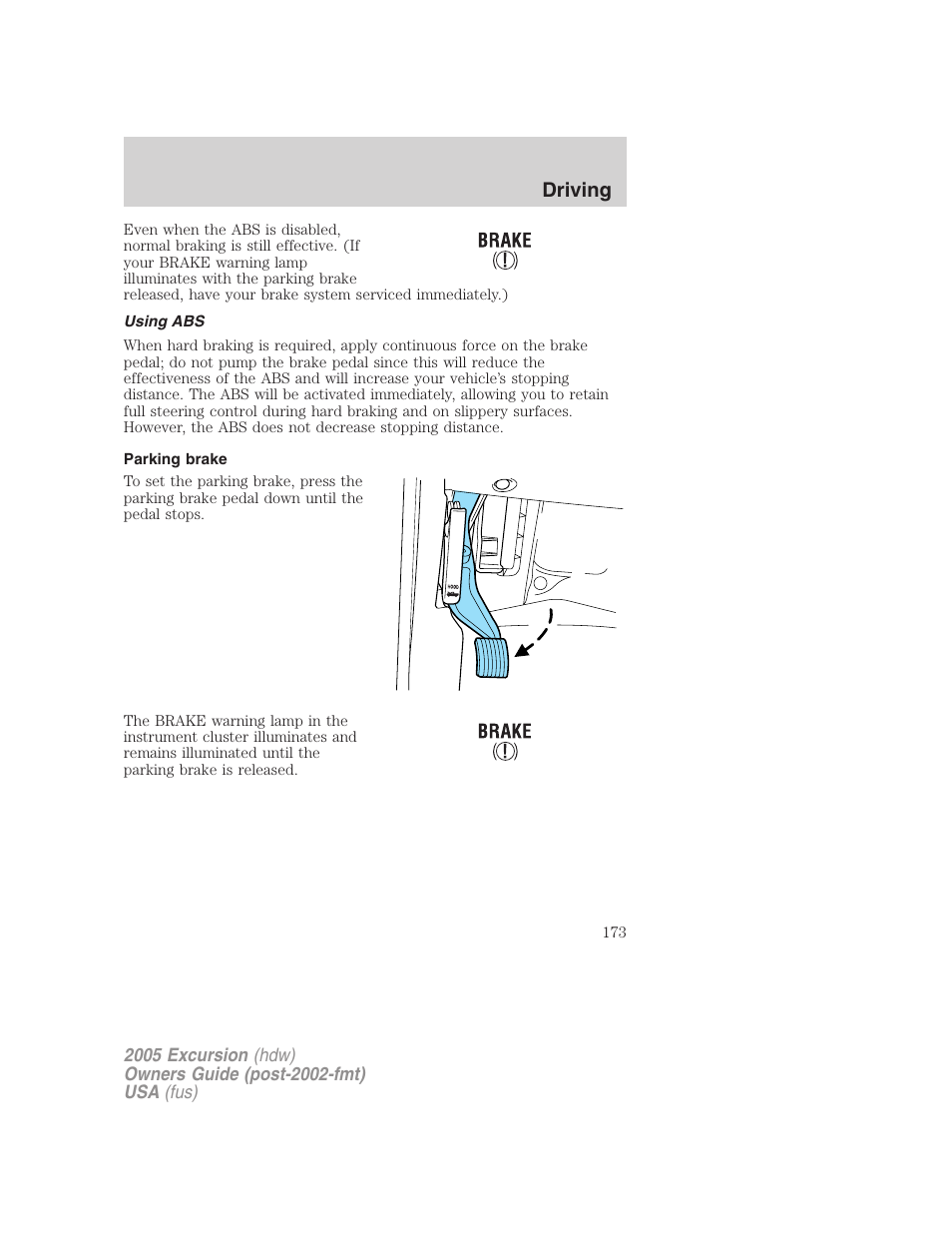 Using abs, Parking brake, Driving | FORD 2005 Excursion v.3 User Manual | Page 173 / 280