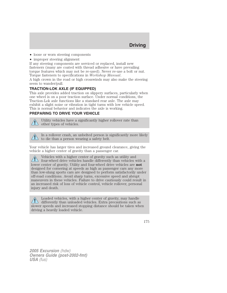 Traction-lok axle (if equipped), Preparing to drive your vehicle, Driving | FORD 2005 Excursion v.3 User Manual | Page 175 / 280