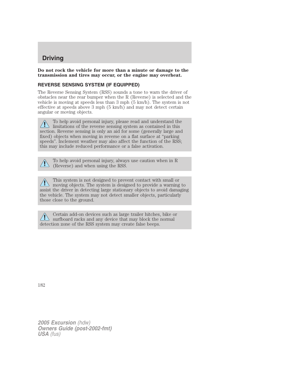 Reverse sensing system (if equipped), Driving | FORD 2005 Excursion v.3 User Manual | Page 182 / 280