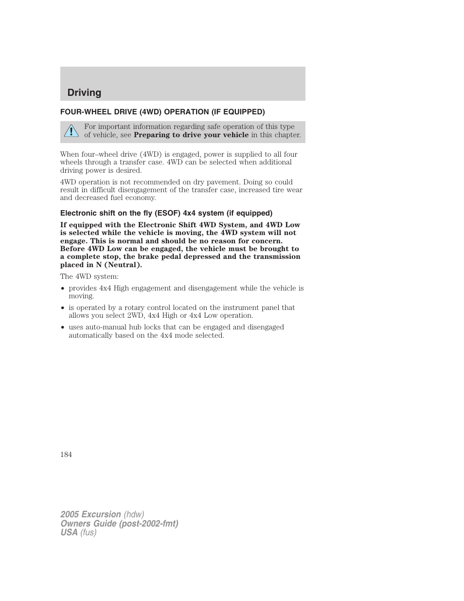 Four-wheel drive (4wd) operation (if equipped), Driving | FORD 2005 Excursion v.3 User Manual | Page 184 / 280