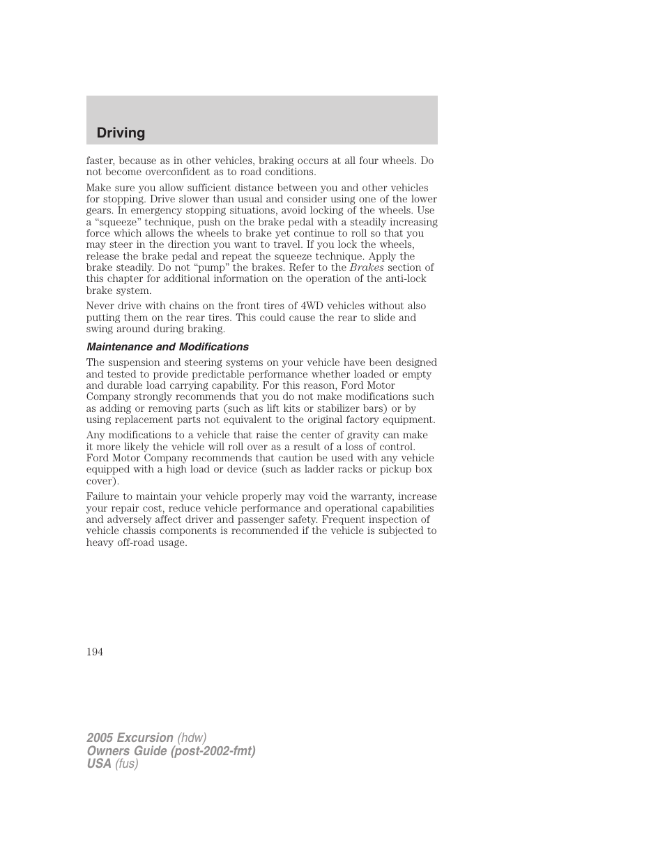 Maintenance and modifications, Driving | FORD 2005 Excursion v.3 User Manual | Page 194 / 280