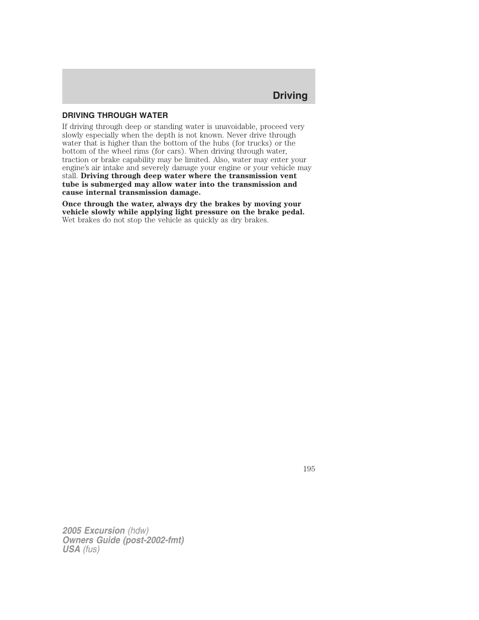 Driving through water, Driving | FORD 2005 Excursion v.3 User Manual | Page 195 / 280