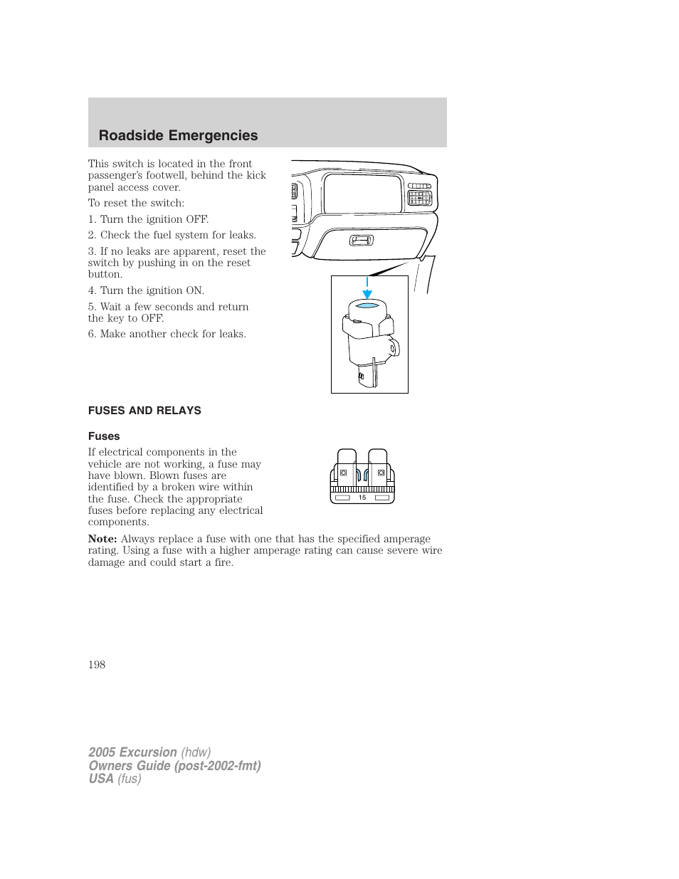 Fuses and relays, Fuses, Roadside emergencies | FORD 2005 Excursion v.3 User Manual | Page 198 / 280