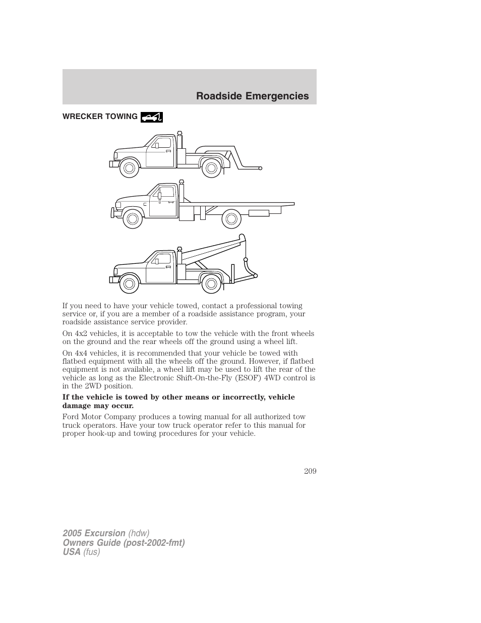 Wrecker towing, Roadside emergencies | FORD 2005 Excursion v.3 User Manual | Page 209 / 280