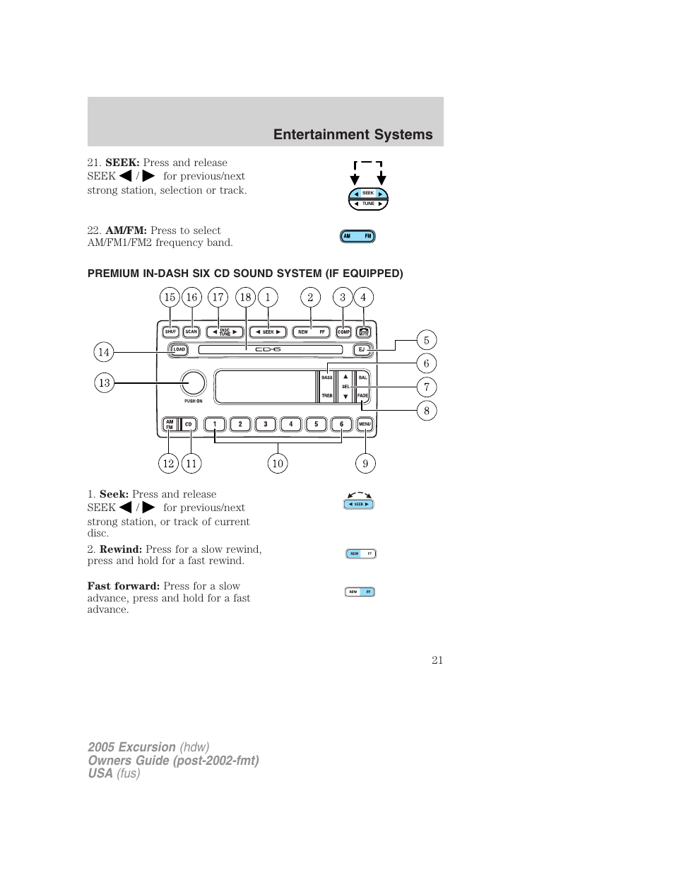 Premium in-dash six cd sound system (if equipped), Am/fm stereo with in-dash six cd, Entertainment systems | FORD 2005 Excursion v.3 User Manual | Page 21 / 280