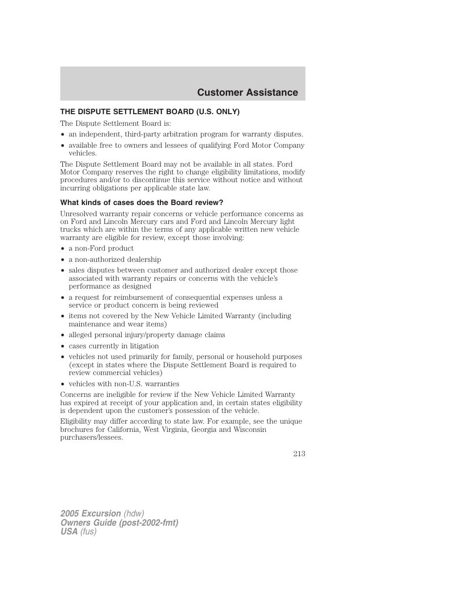 The dispute settlement board (u.s. only), What kinds of cases does the board review, Customer assistance | FORD 2005 Excursion v.3 User Manual | Page 213 / 280