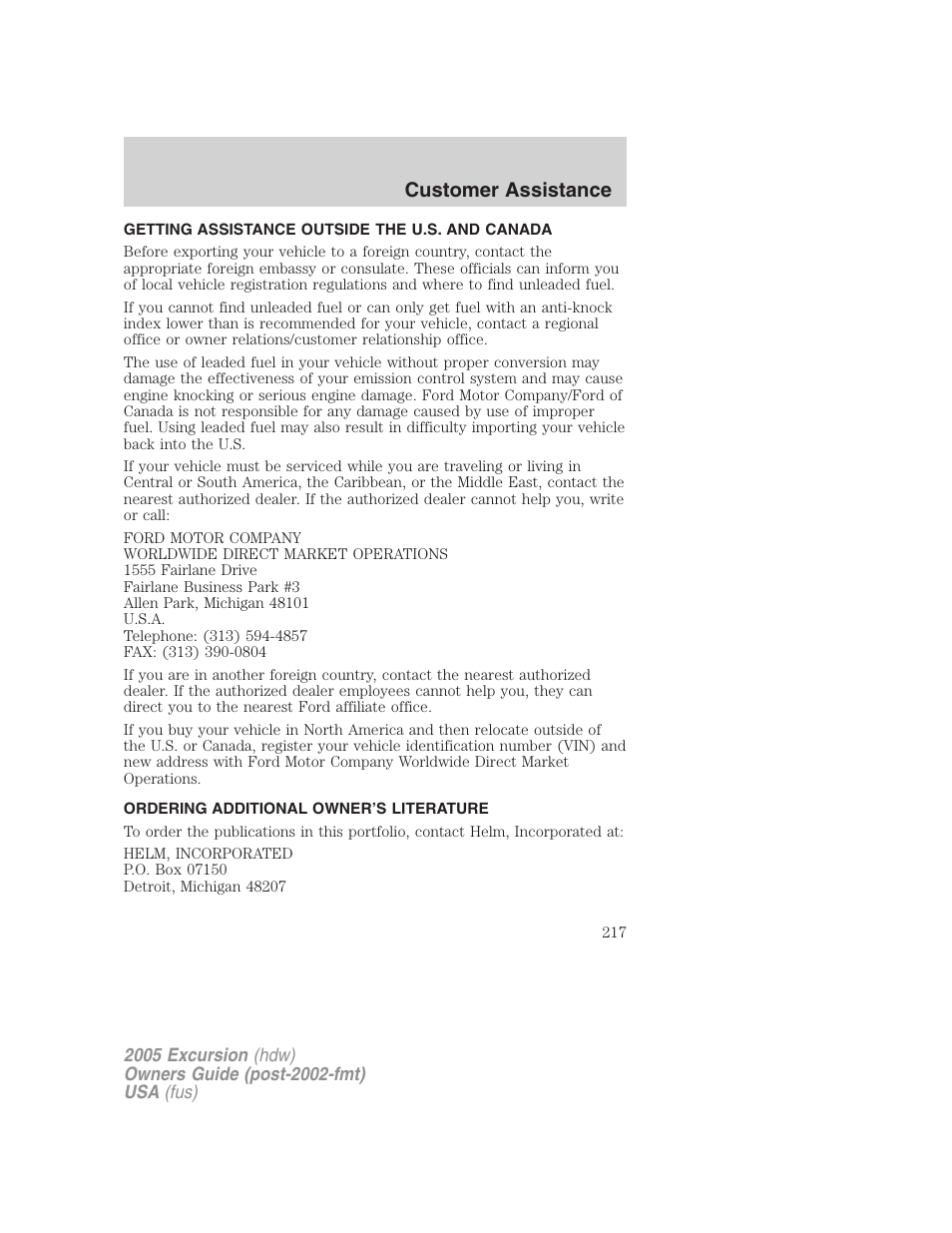Getting assistance outside the u.s. and canada, Ordering additional owner’s literature, Customer assistance | FORD 2005 Excursion v.3 User Manual | Page 217 / 280