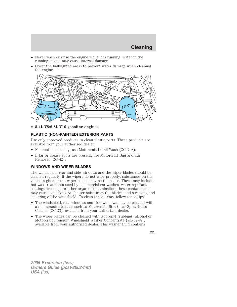 Plastic (non-painted) exterior parts, Windows and wiper blades, Cleaning | FORD 2005 Excursion v.3 User Manual | Page 221 / 280