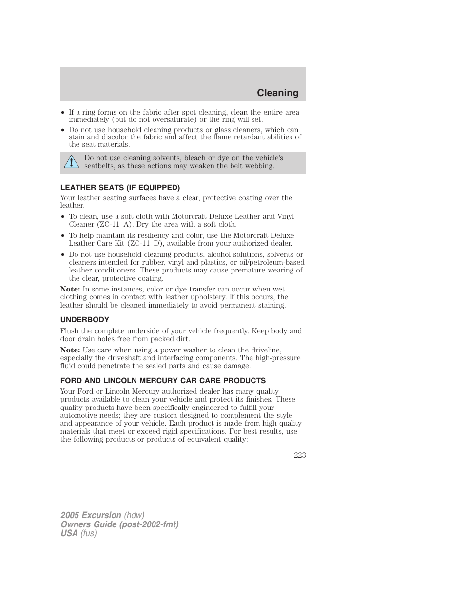 Leather seats (if equipped), Underbody, Ford and lincoln mercury car care products | Cleaning | FORD 2005 Excursion v.3 User Manual | Page 223 / 280