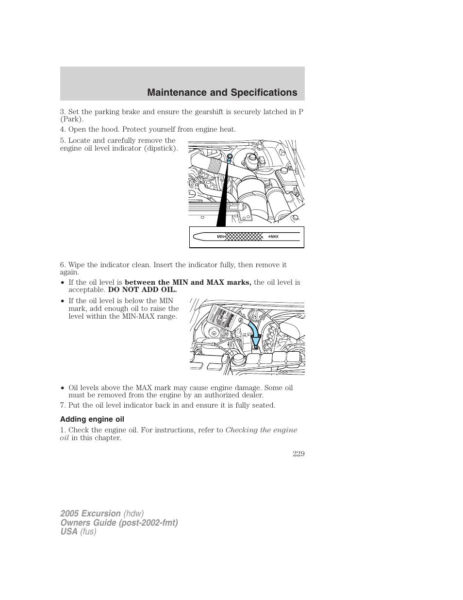Adding engine oil, Maintenance and specifications | FORD 2005 Excursion v.3 User Manual | Page 229 / 280