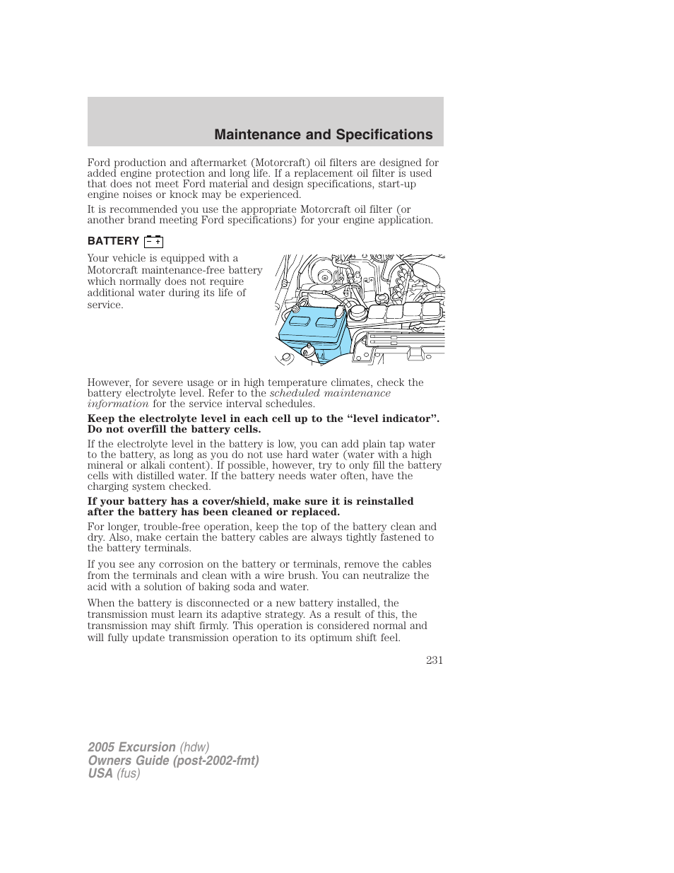 Battery, Maintenance and specifications | FORD 2005 Excursion v.3 User Manual | Page 231 / 280