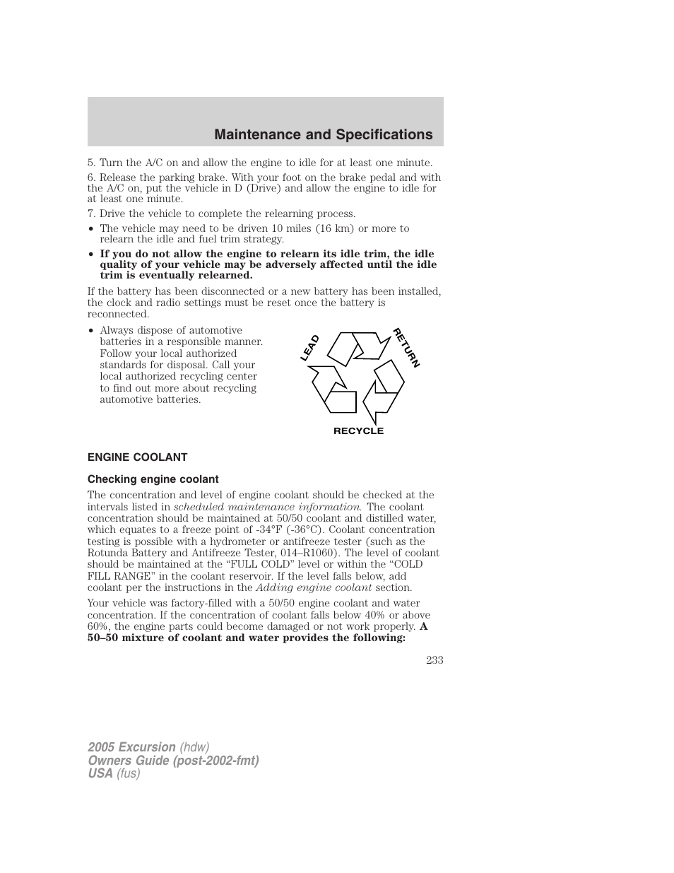 Engine coolant, Checking engine coolant, Maintenance and specifications | FORD 2005 Excursion v.3 User Manual | Page 233 / 280