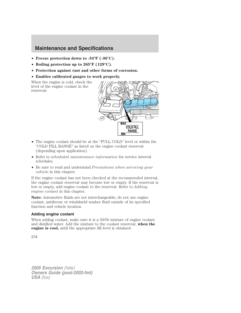 Adding engine coolant, Maintenance and specifications | FORD 2005 Excursion v.3 User Manual | Page 234 / 280