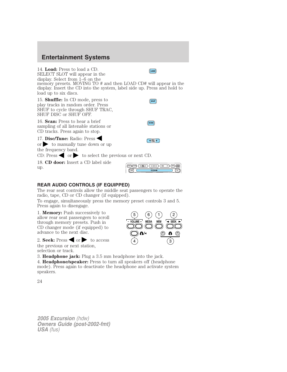 Rear audio controls (if equipped), Rear seat controls, Entertainment systems | FORD 2005 Excursion v.3 User Manual | Page 24 / 280