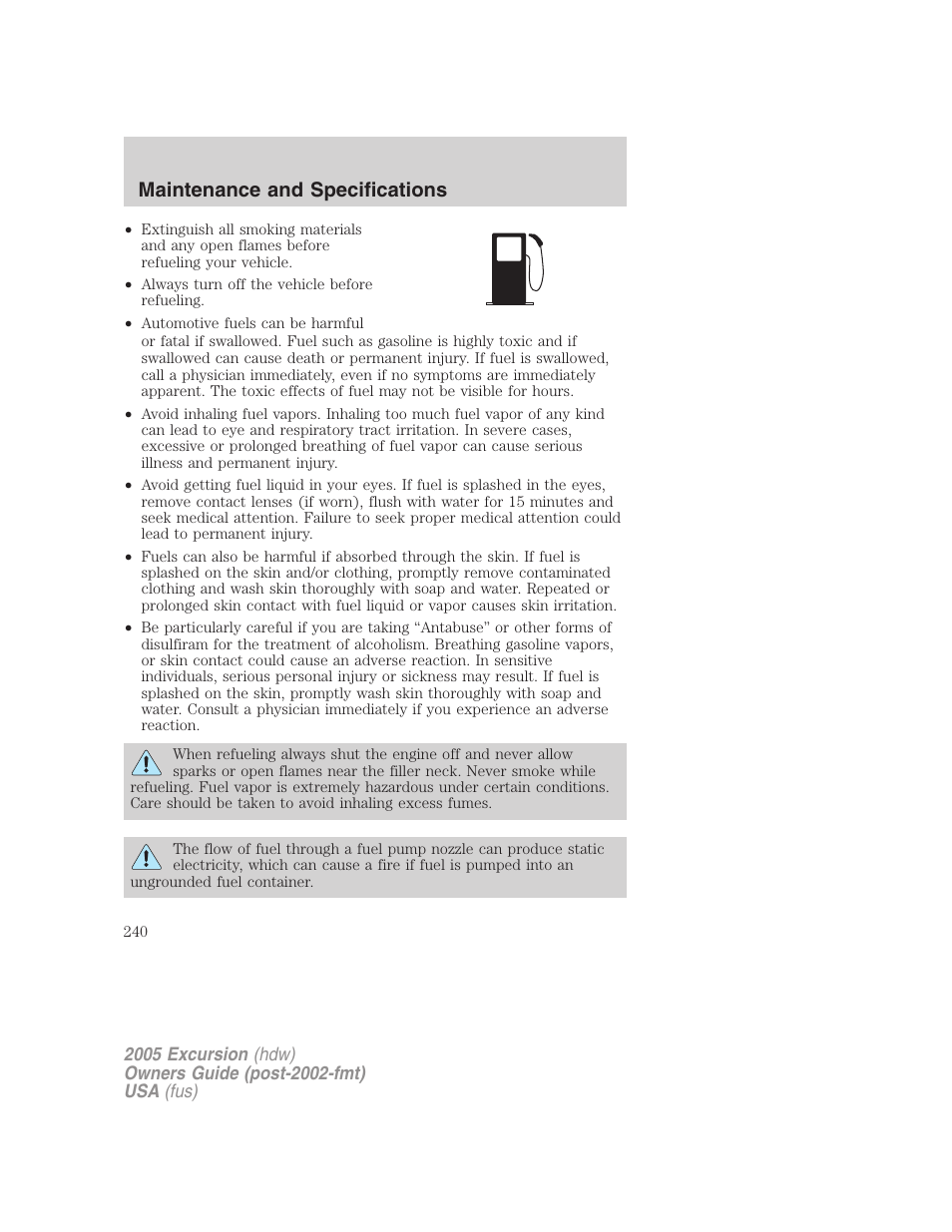 Maintenance and specifications | FORD 2005 Excursion v.3 User Manual | Page 240 / 280