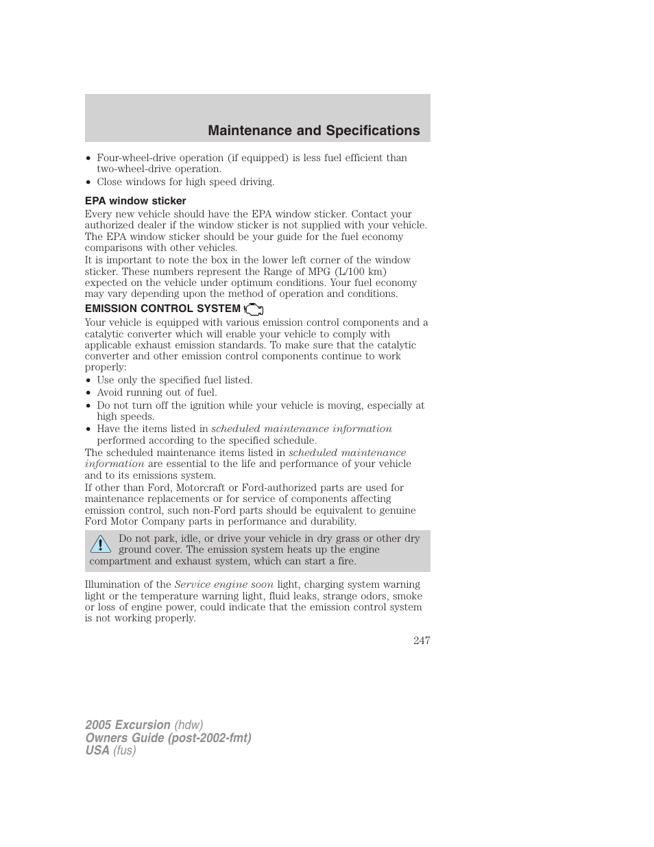 Epa window sticker, Emission control system, Maintenance and specifications | FORD 2005 Excursion v.3 User Manual | Page 247 / 280