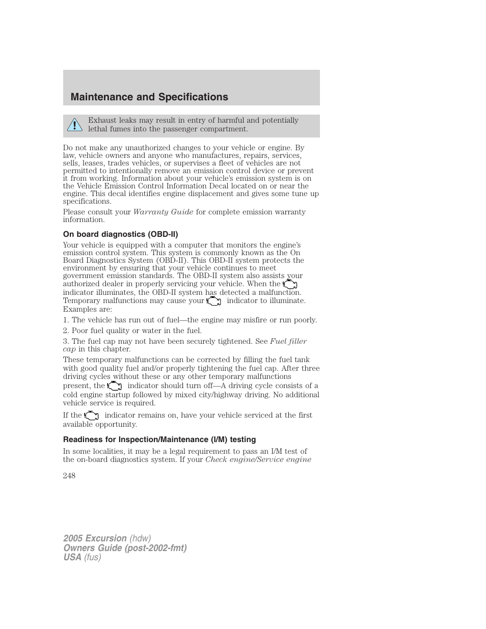 On board diagnostics (obd-ii), Readiness for inspection/maintenance (i/m) testing, Maintenance and specifications | FORD 2005 Excursion v.3 User Manual | Page 248 / 280