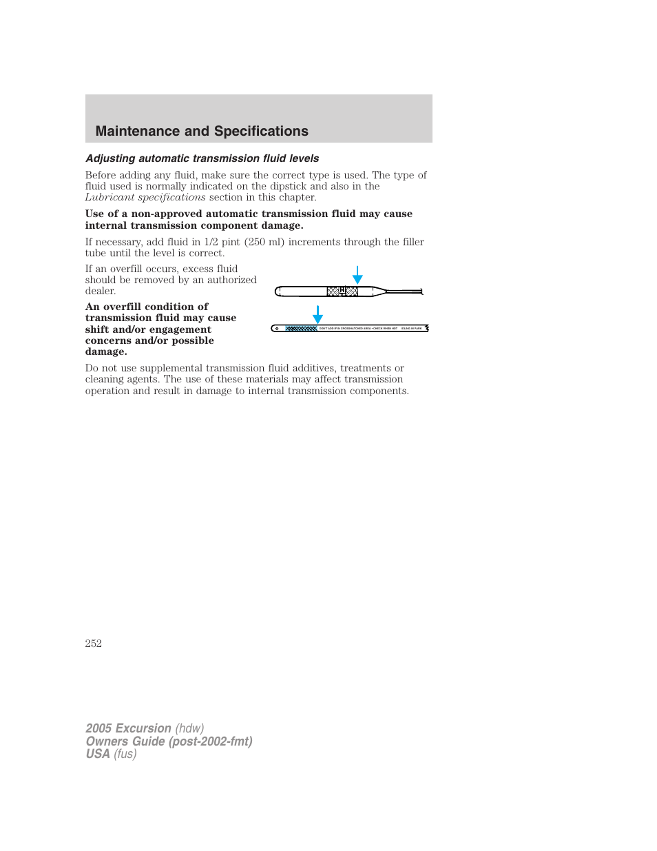 Adjusting automatic transmission fluid levels, Maintenance and specifications | FORD 2005 Excursion v.3 User Manual | Page 252 / 280