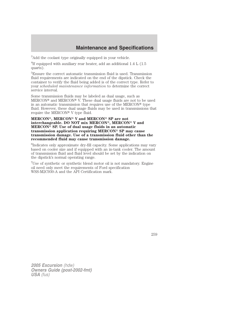 Maintenance and specifications | FORD 2005 Excursion v.3 User Manual | Page 259 / 280