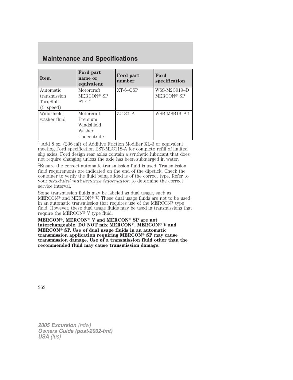 Maintenance and specifications | FORD 2005 Excursion v.3 User Manual | Page 262 / 280