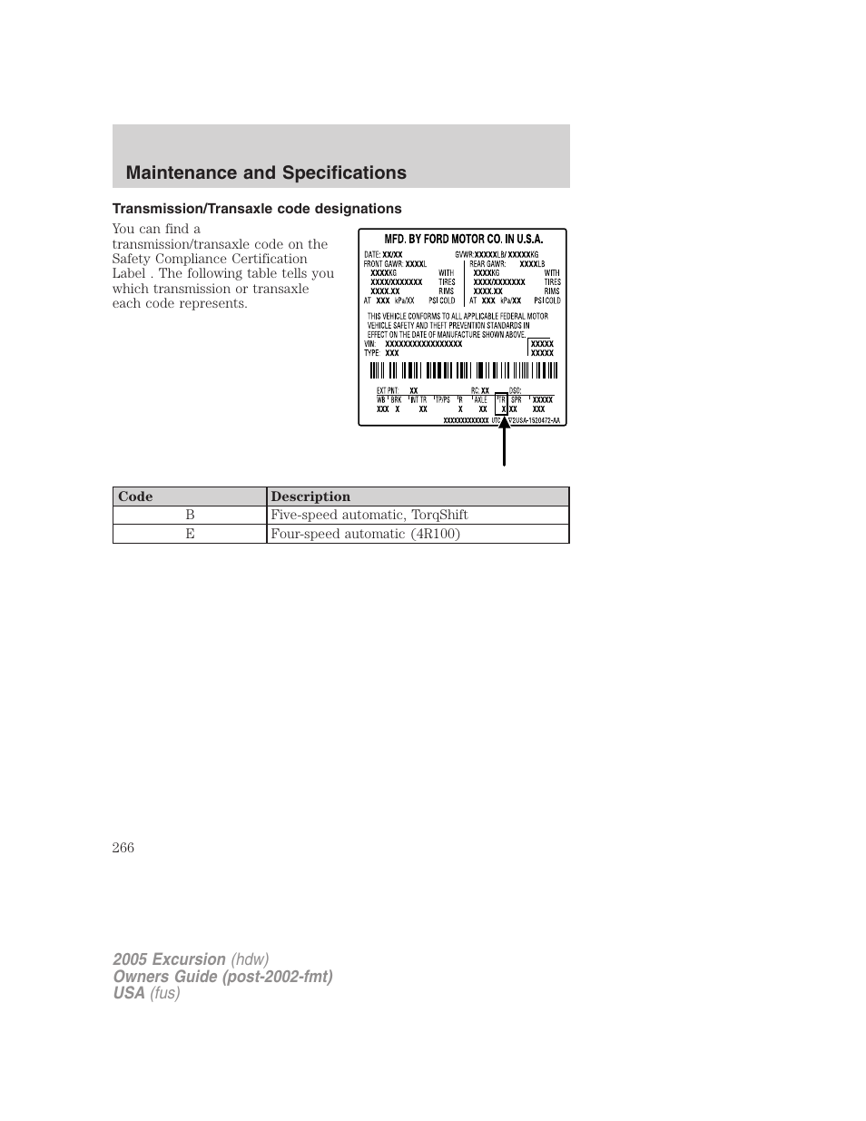 Transmission/transaxle code designations, Maintenance and specifications | FORD 2005 Excursion v.3 User Manual | Page 266 / 280