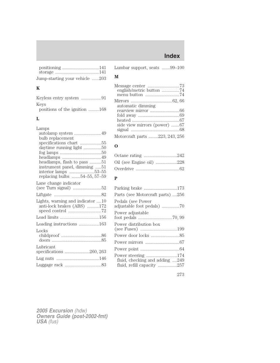 Index | FORD 2005 Excursion v.3 User Manual | Page 273 / 280