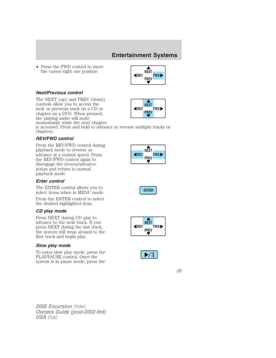 Next/previous control, Rev/fwd control, Enter control | Cd play mode, Slow play mode, Entertainment systems | FORD 2005 Excursion v.3 User Manual | Page 29 / 280