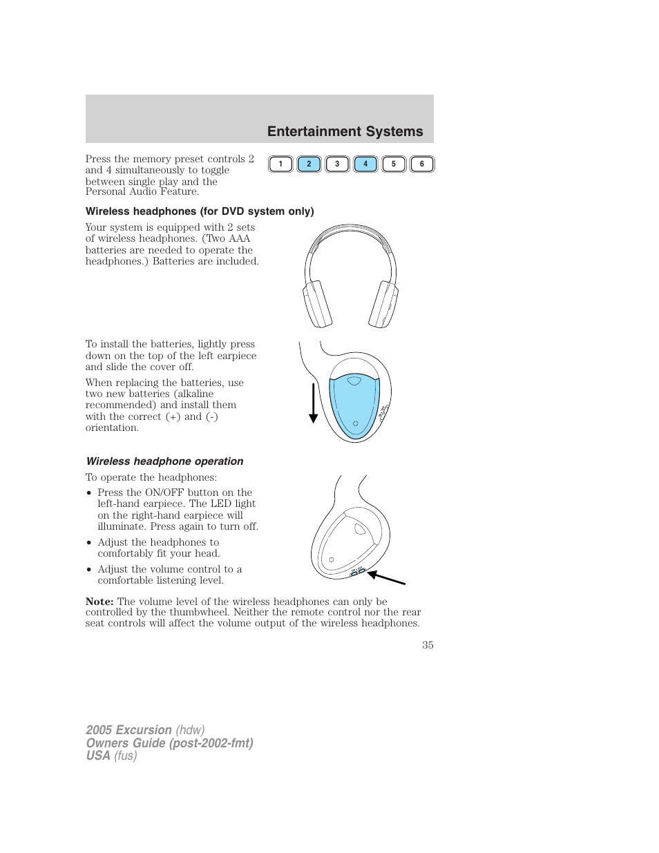 Wireless headphones (for dvd system only), Wireless headphone operation, Entertainment systems | FORD 2005 Excursion v.3 User Manual | Page 35 / 280