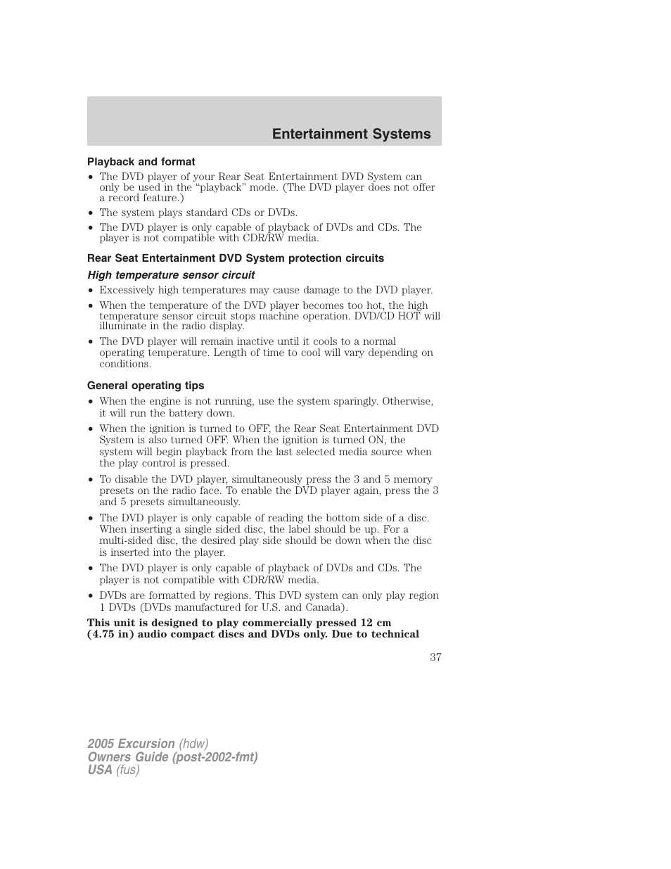Playback and format, High temperature sensor circuit, General operating tips | Entertainment systems | FORD 2005 Excursion v.3 User Manual | Page 37 / 280