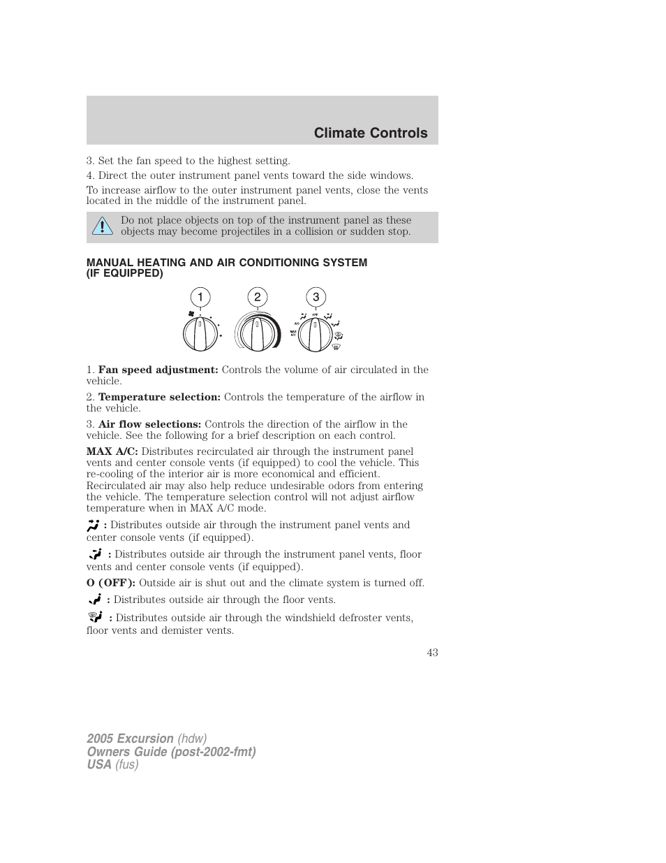 Manual heating and air conditioning, Climate controls | FORD 2005 Excursion v.3 User Manual | Page 43 / 280