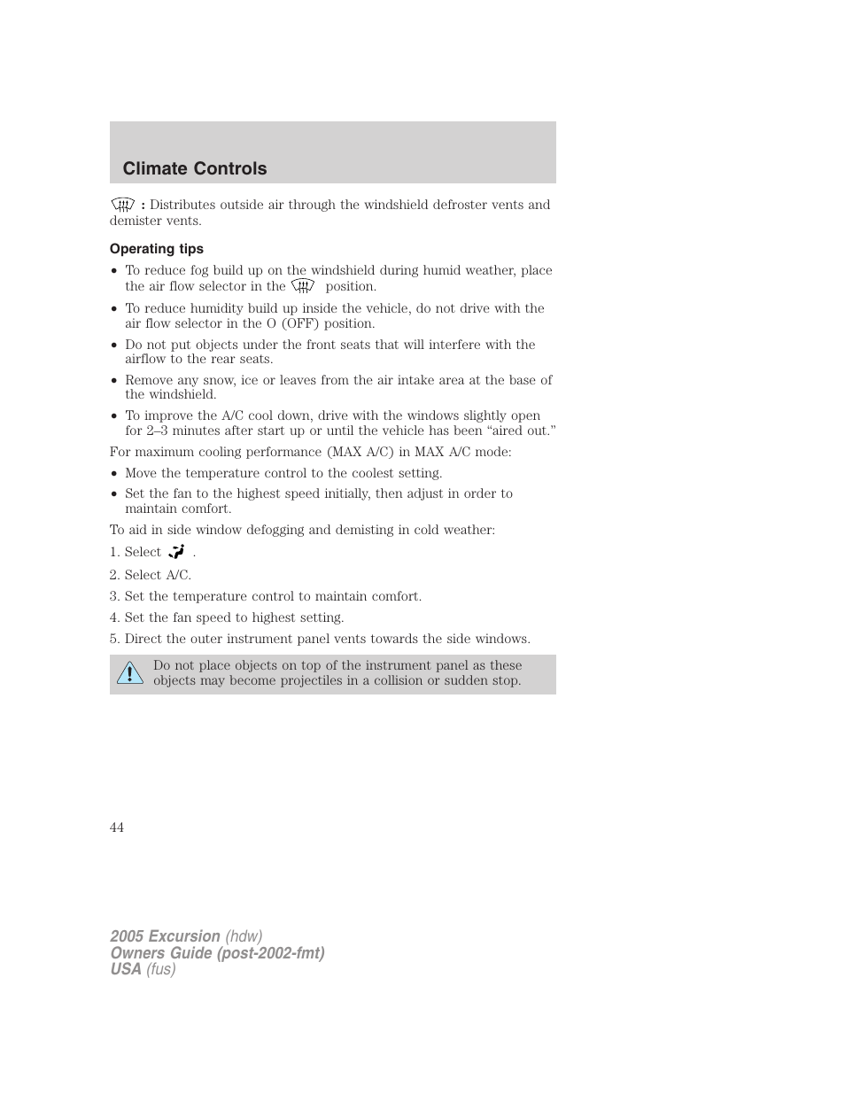 Operating tips, Climate controls | FORD 2005 Excursion v.3 User Manual | Page 44 / 280