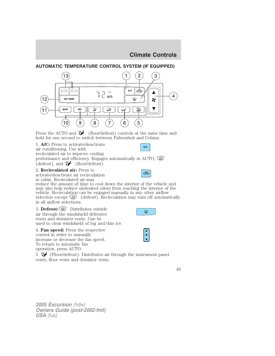 Automatic temperature control system (if equipped), Automatic temperature control, Climate controls | FORD 2005 Excursion v.3 User Manual | Page 45 / 280