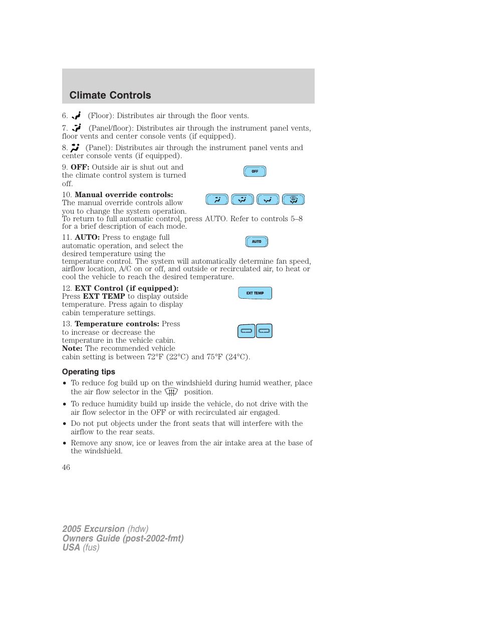 Operating tips, Climate controls | FORD 2005 Excursion v.3 User Manual | Page 46 / 280