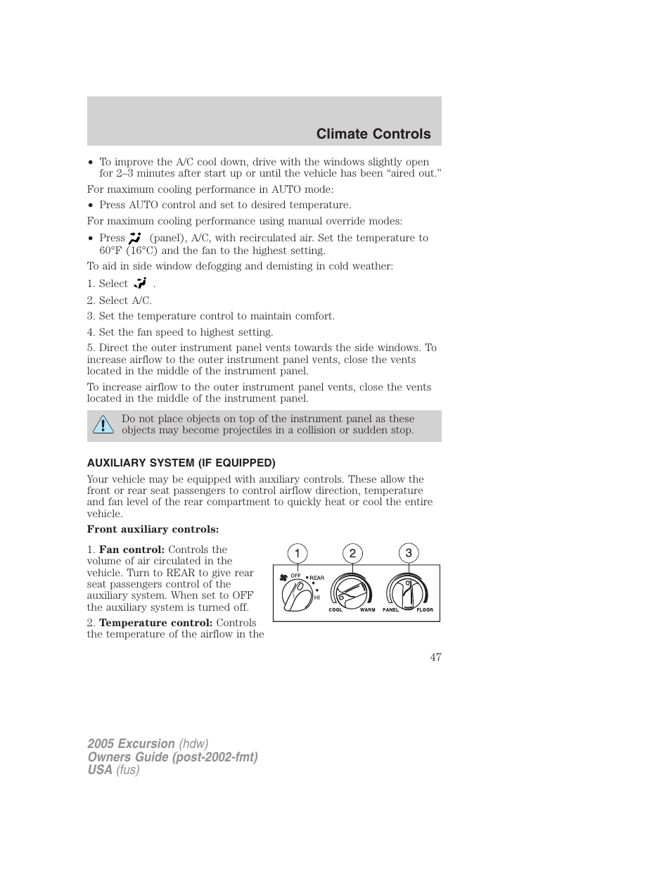 Auxiliary system (if equipped), Climate controls | FORD 2005 Excursion v.3 User Manual | Page 47 / 280