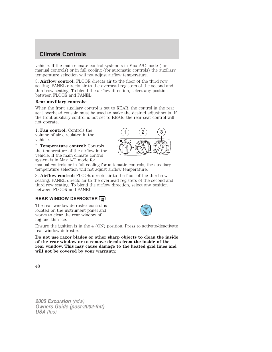 Rear window defroster, Climate controls | FORD 2005 Excursion v.3 User Manual | Page 48 / 280