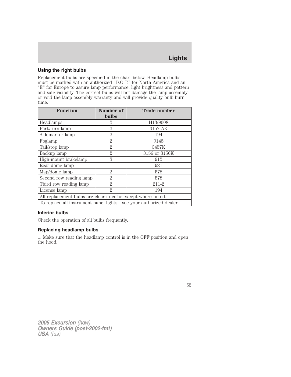 Using the right bulbs, Interior bulbs, Replacing headlamp bulbs | Lights | FORD 2005 Excursion v.3 User Manual | Page 55 / 280