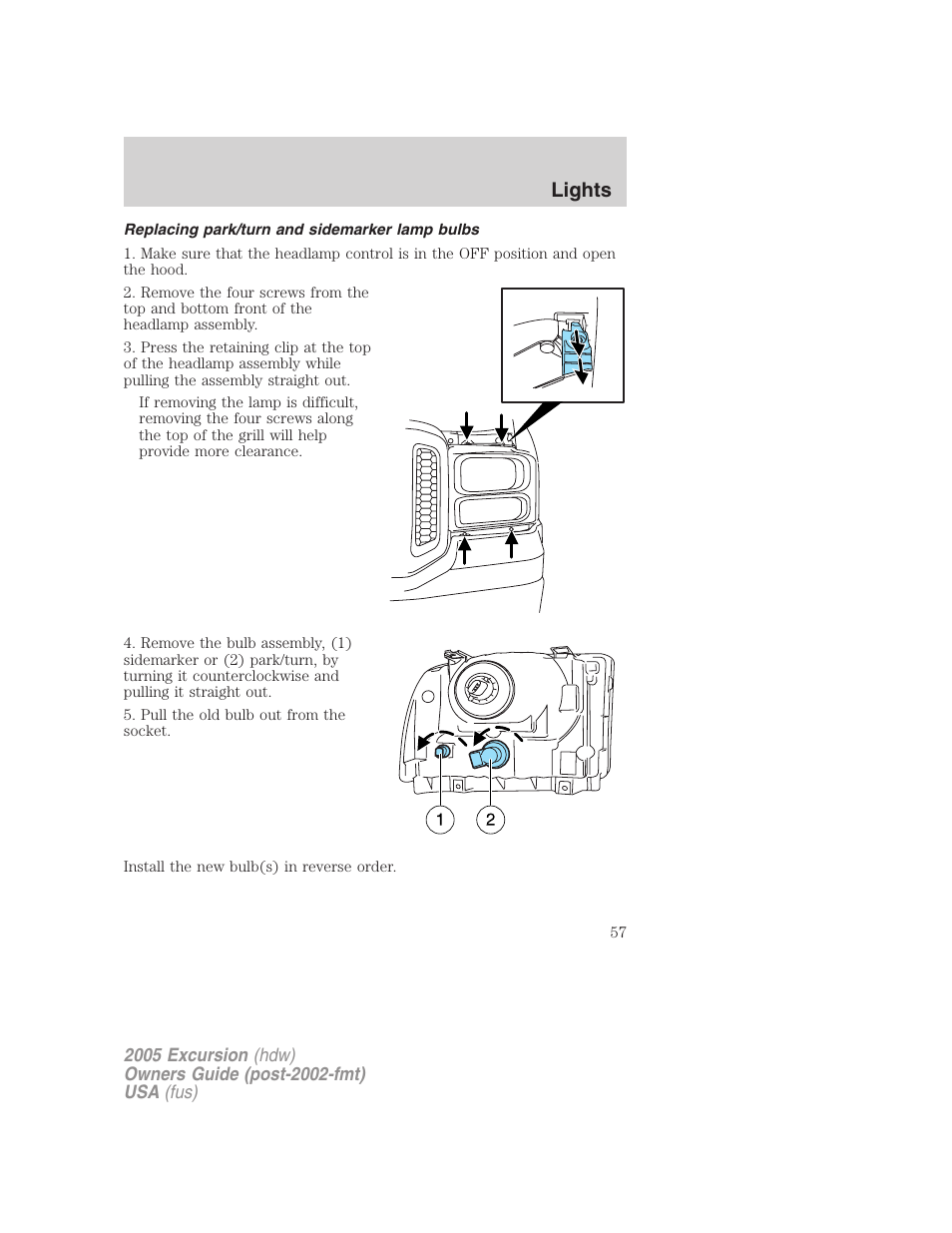 Replacing park/turn and sidemarker lamp bulbs, Lights | FORD 2005 Excursion v.3 User Manual | Page 57 / 280