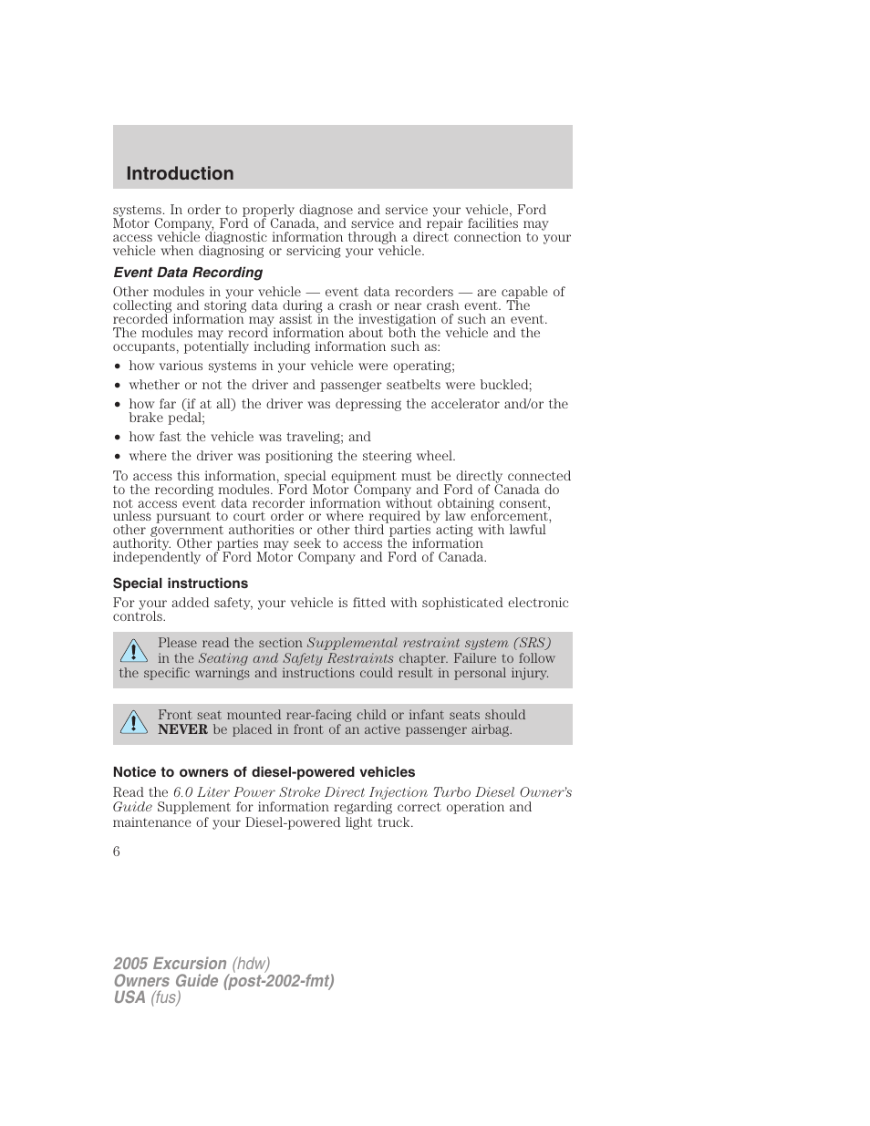 Event data recording, Special instructions, Notice to owners of diesel-powered vehicles | Introduction | FORD 2005 Excursion v.3 User Manual | Page 6 / 280