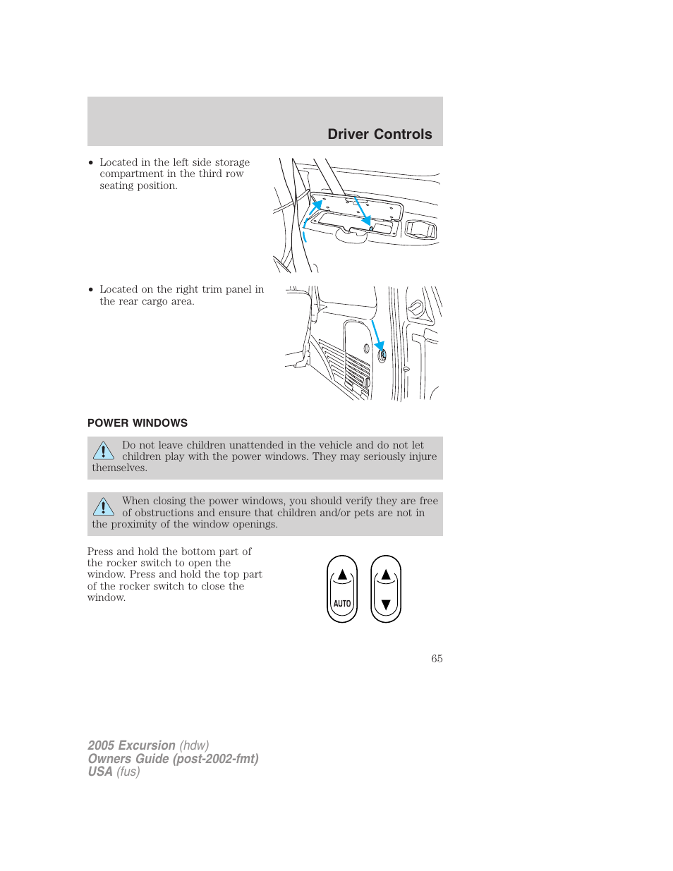 Power windows, Driver controls | FORD 2005 Excursion v.3 User Manual | Page 65 / 280