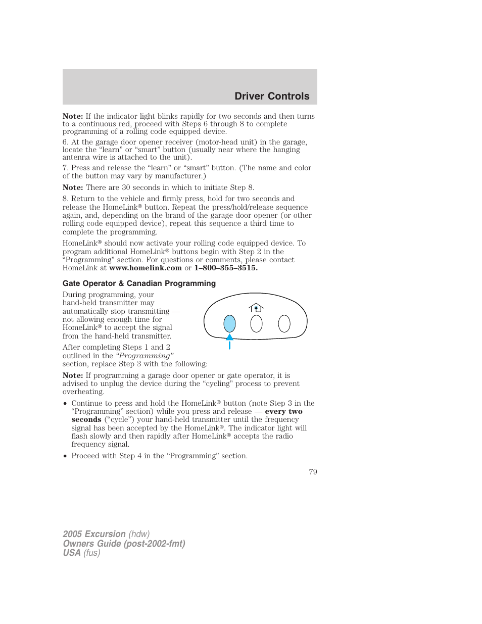 Gate operator & canadian programming, Driver controls | FORD 2005 Excursion v.3 User Manual | Page 79 / 280
